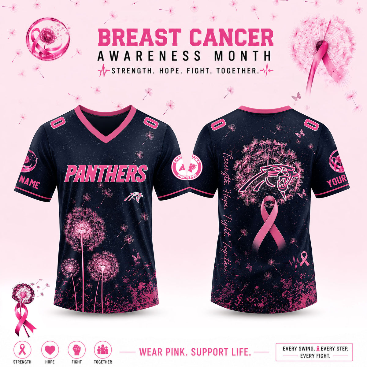 Limited Edition Carolina Panthers 2026 Breast Cancer Awareness x Dandelion of Hope V-neck Short Sleeve Jersey