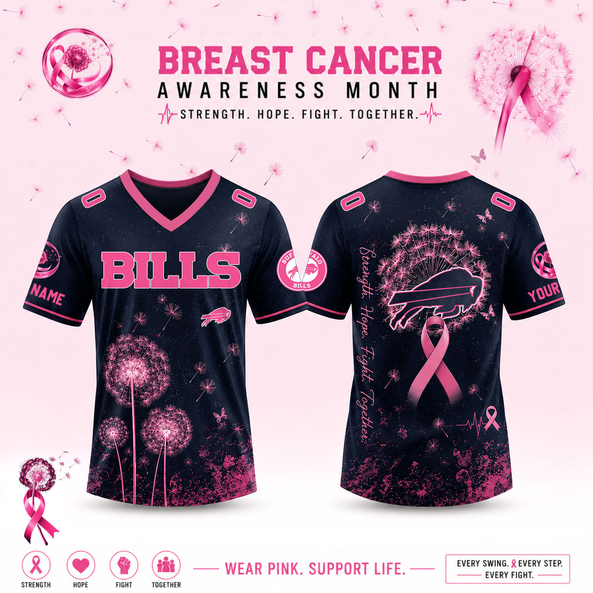 Limited Edition Buffalo Bills 2026 Breast Cancer Awareness x Dandelion of Hope V-neck Short Sleeve Jersey