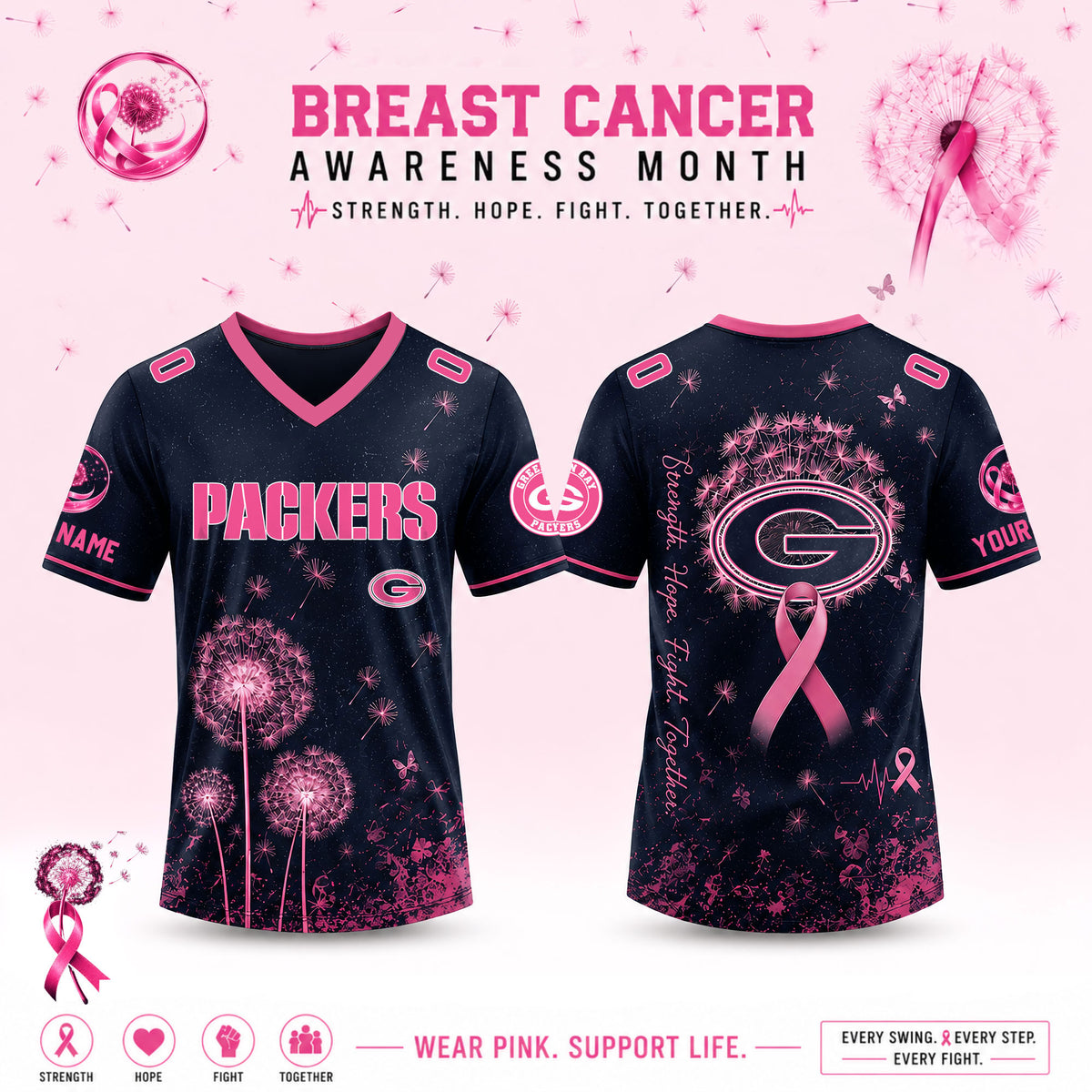 Limited Edition Green Bay Packers 2026 Breast Cancer Awareness x Dandelion of Hope V-neck Short Sleeve Jersey