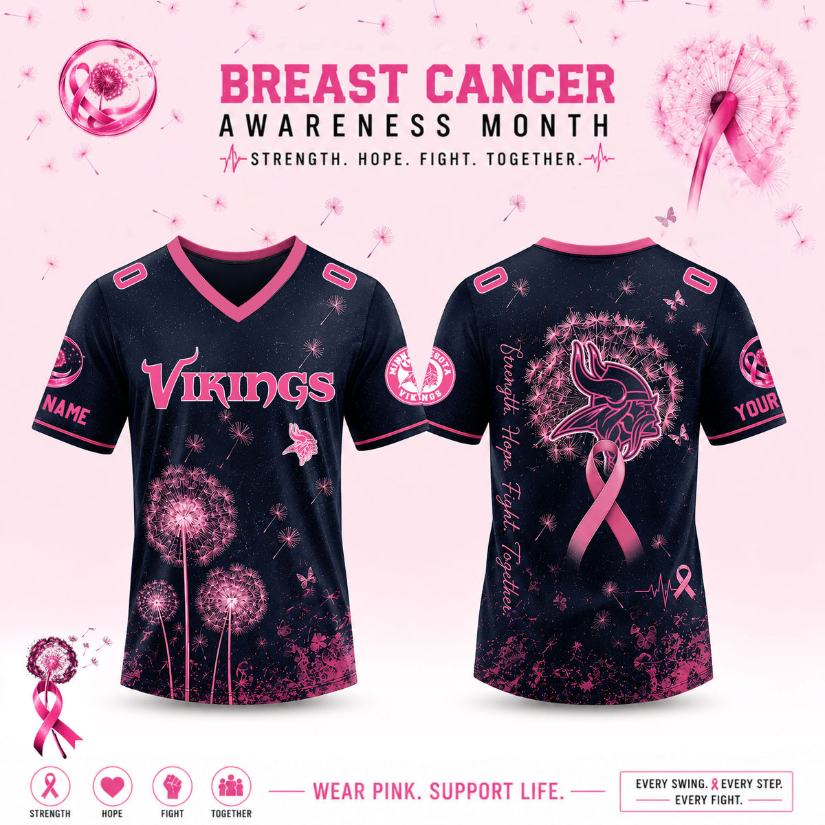 Limited Edition Minnesota Vikings 2026 Breast Cancer Awareness x Dandelion of Hope V-neck Short Sleeve Jersey