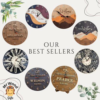 Personalized Family Name Sign, Mountain Wall Clock & 5th Anniversary Gift