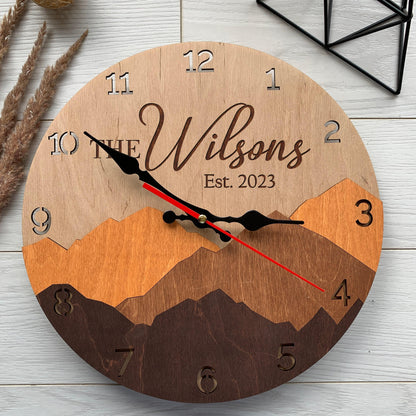 Personalized family name clock, anniversary clock, home gift for couple, mountain wall clock, wall clock decor, 5th anniversary gift