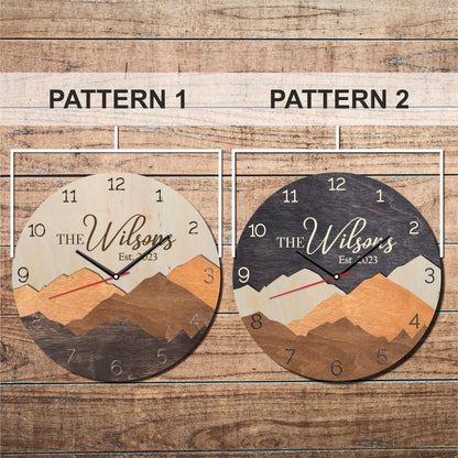 Personalized family name clock, anniversary clock, home gift for couple, mountain wall clock, wall clock decor, 5th anniversary gift
