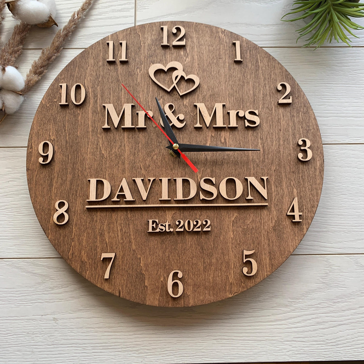 Personalized 5th Anniversary Clock, Wood Housewarming Gift, Family Name Sign, Gift for Him Her