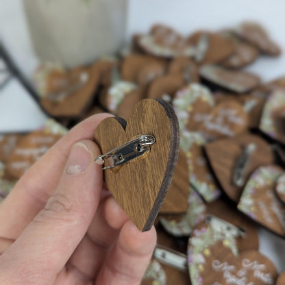 Personalized Heart Wedding Boutonniere, Custom Wooden Name Pins for Guests