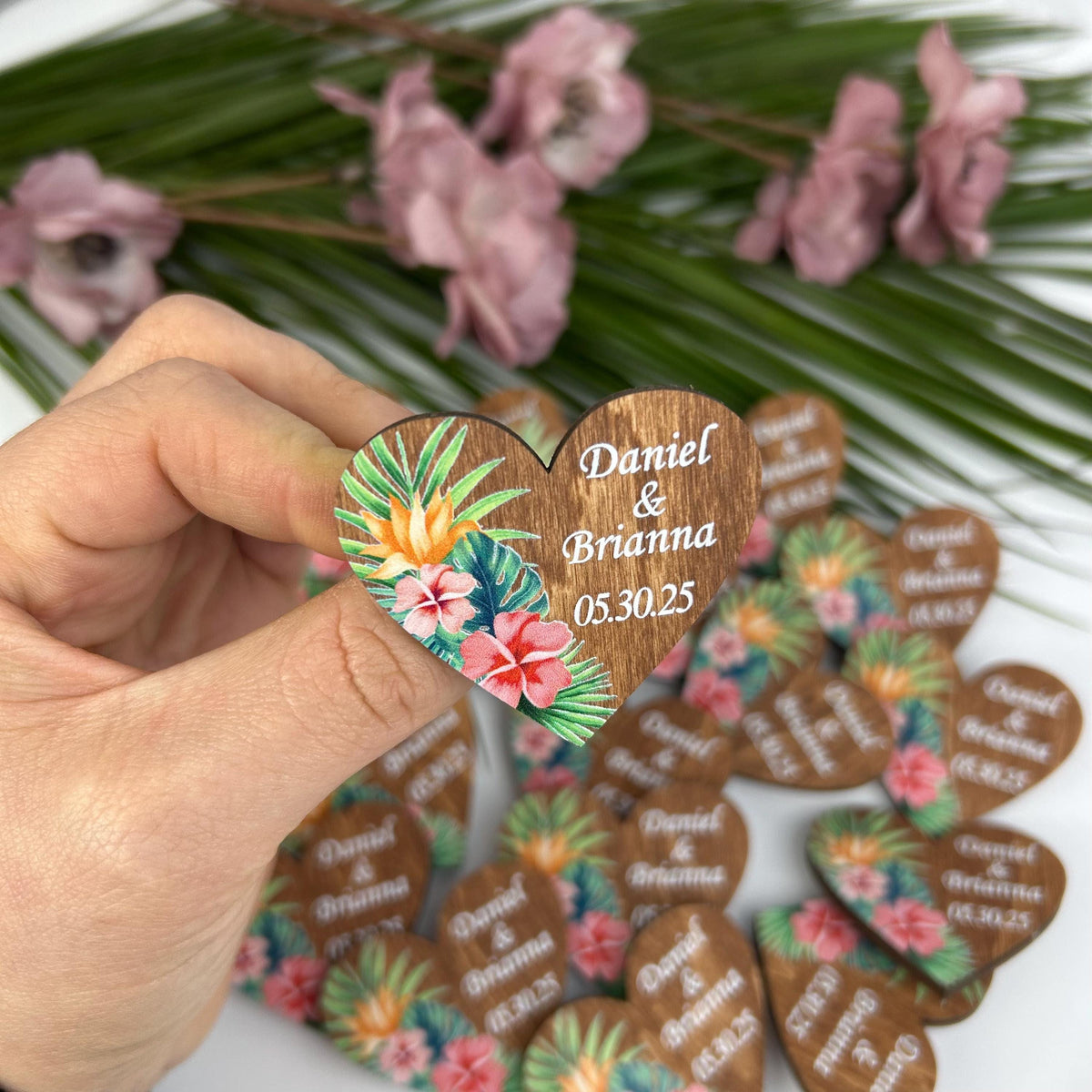 Wedding heart shaped pins, Rustic guests boutonnieres, Tropical wedding, Wedding guest gift