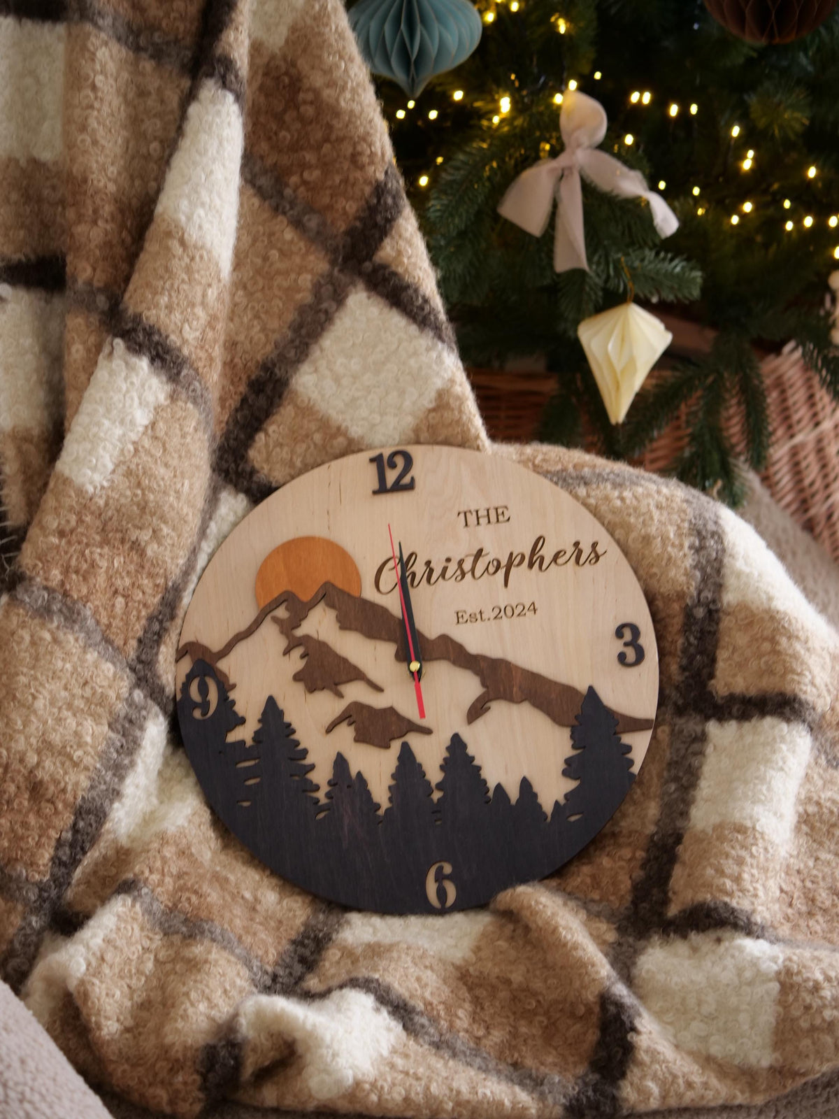 Large Mountain Wall Clock, Custom Last Name Sign & 5th Anniversary Gift