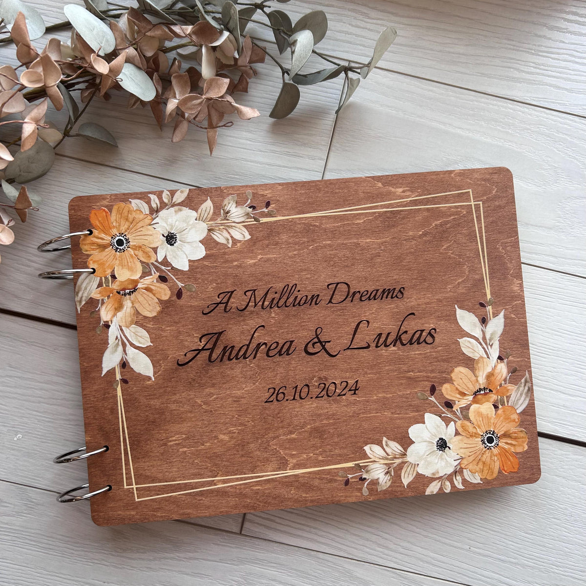 Custom autumn wedding book, wedding organizer, rust orange flowers, burnt orange book, minimalist fall flower wood book, wedding decor