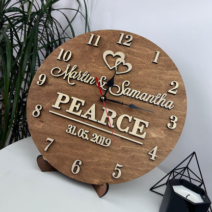 Family name clock, 5th anniversary gift, gift for couple, engraved name clock